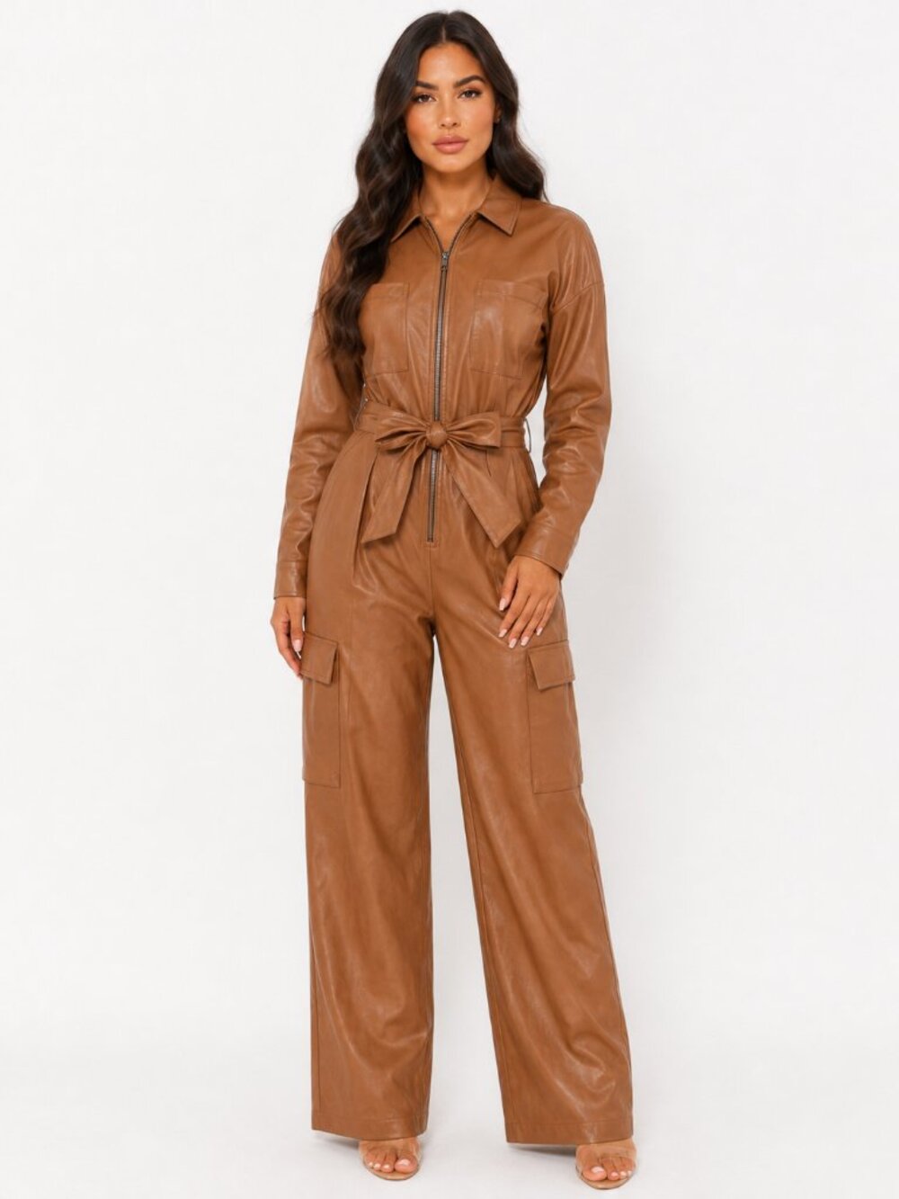 Choosy Women's Brown Faux Leather Belted Cargo Utility Jumpsuit, 2